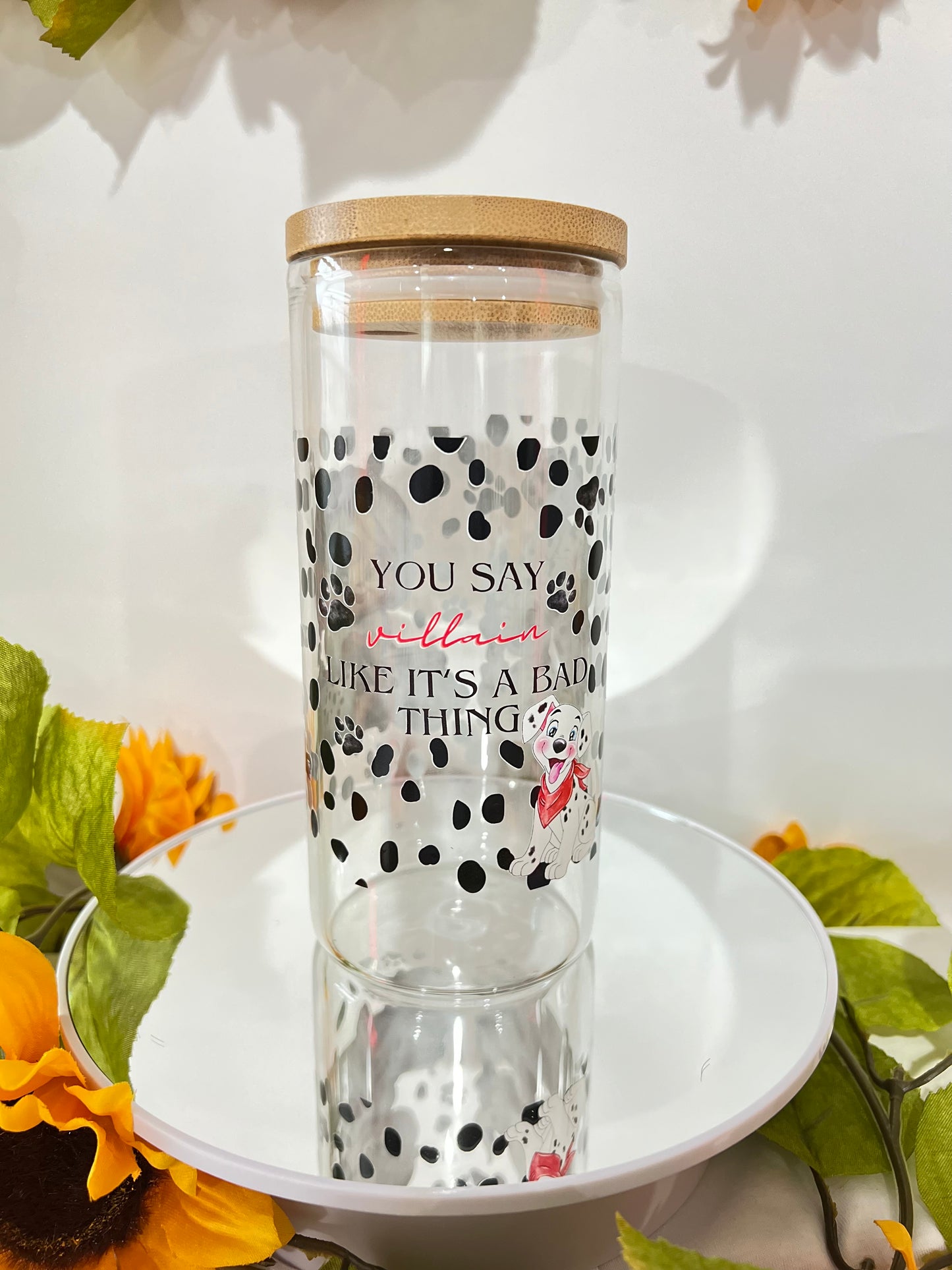 Cruela and Dalmatians Libby Cup with Bamboo lid (20 Oz) and glass straw!