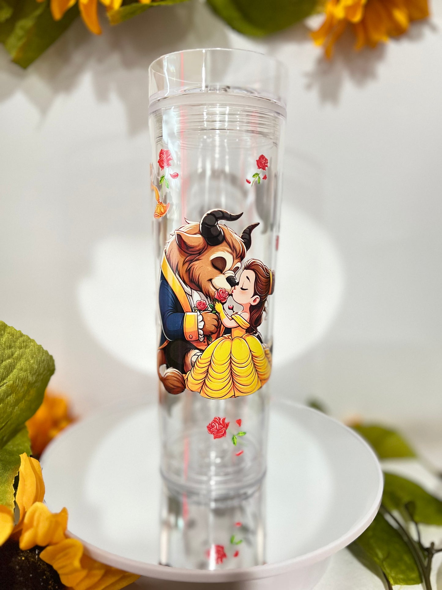 Beauty and The Beast Skinny Clear Tumbler with with lid and Straw (16 Oz)