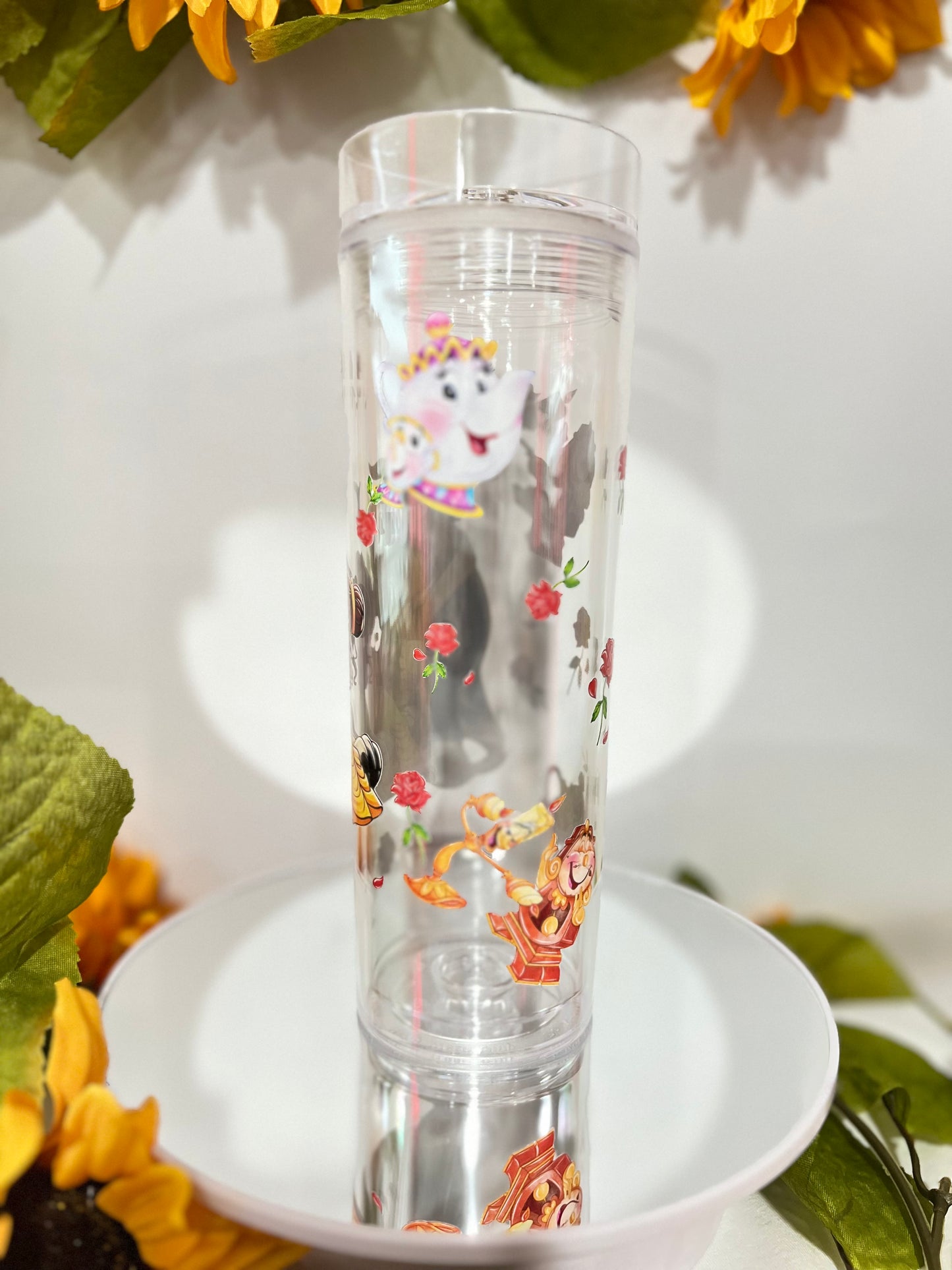 Beauty and The Beast Skinny Clear Tumbler with with lid and Straw (16 Oz)