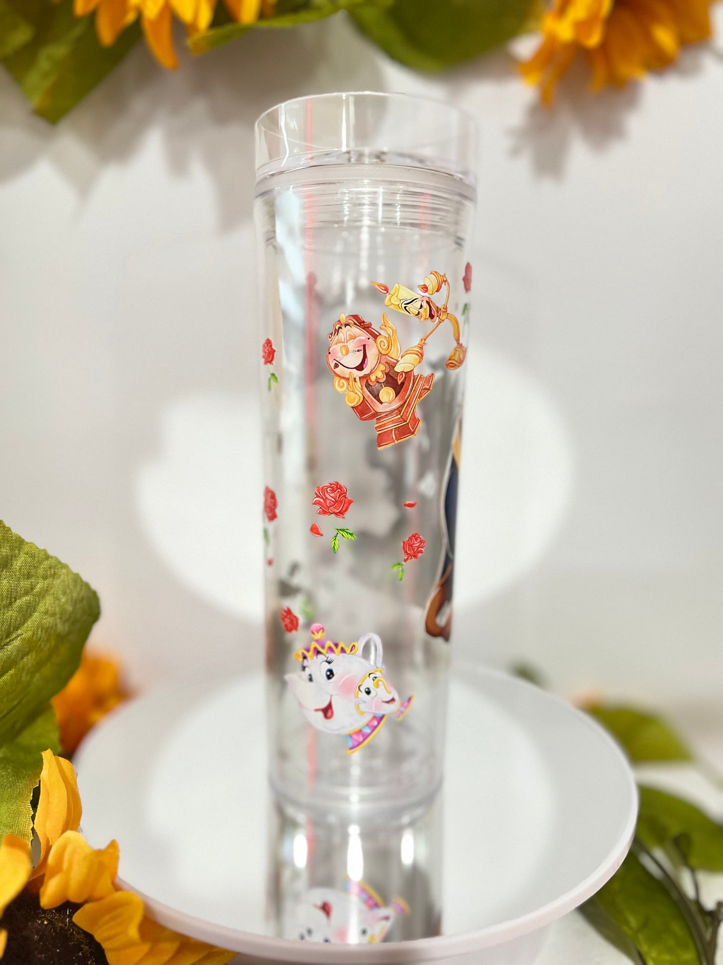 Beauty and The Beast Skinny Clear Tumbler with with lid and Straw (16 Oz)