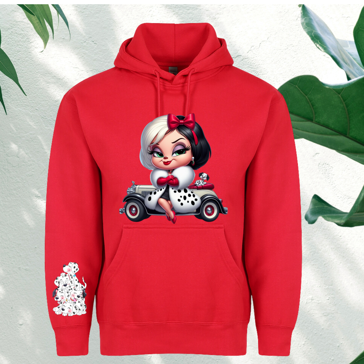 Cruella with Dalmatians on sleeve Hoodie